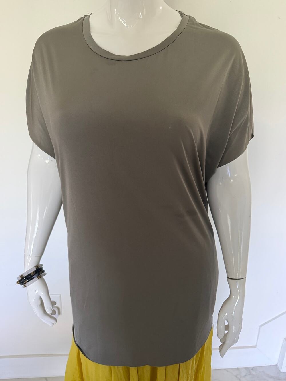 Women’s Silky Oversized Tunic Top Olive Taupe Dolman Sleeve High Low Stretch